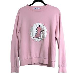 SJYP Korean Streetwear Dino Embroidered Patch Pink Crewneck Sweatshirt Small